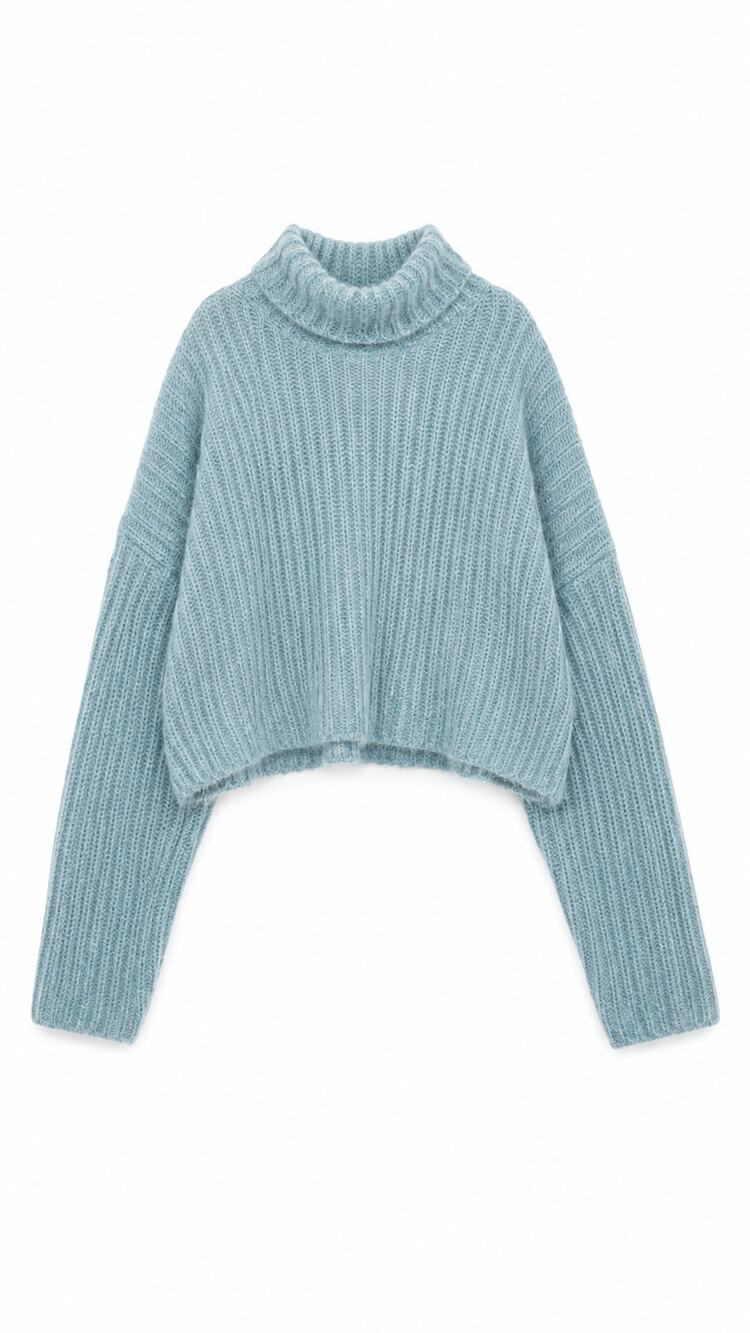 Light Blue Mohair Wool Blend Cropped Turtleneck Sweater, Chunky Wide Rib Knit
